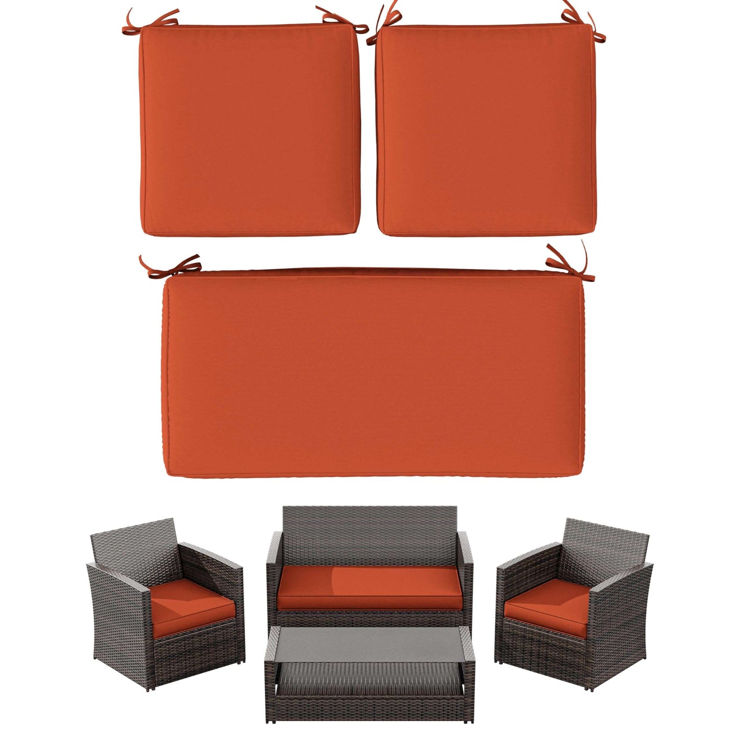 Set of three orange outdoor seat cushions for loveseat and chairs with dark wicker patio furniture