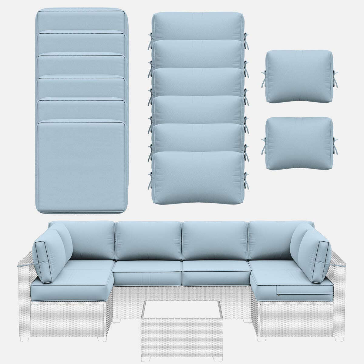 Light blue outdoor furniture set with cushions