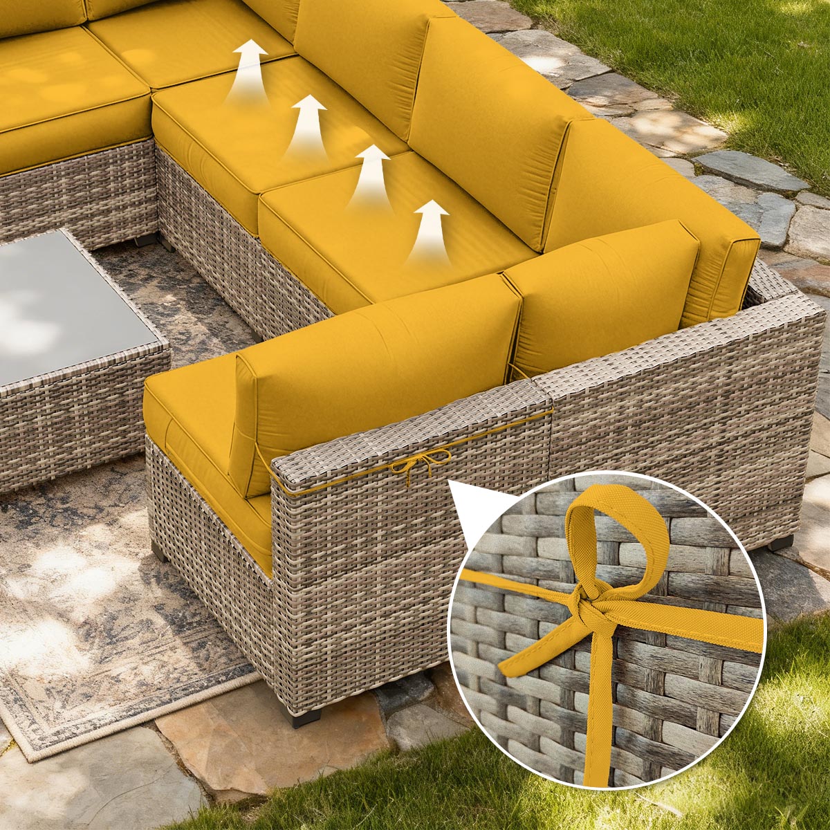 Yellow cushioned outdoor sectional sofa with wicker frame on a patio, close-up of yellow tie straps details.