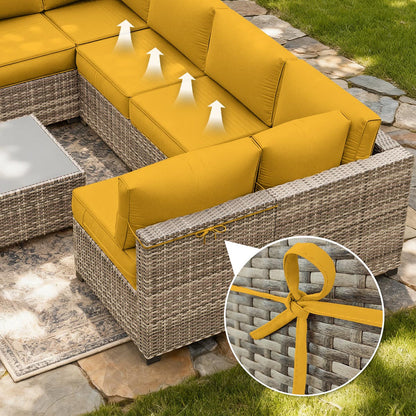 Yellow cushioned outdoor sectional sofa with wicker frame on a patio, close-up of yellow tie straps details.