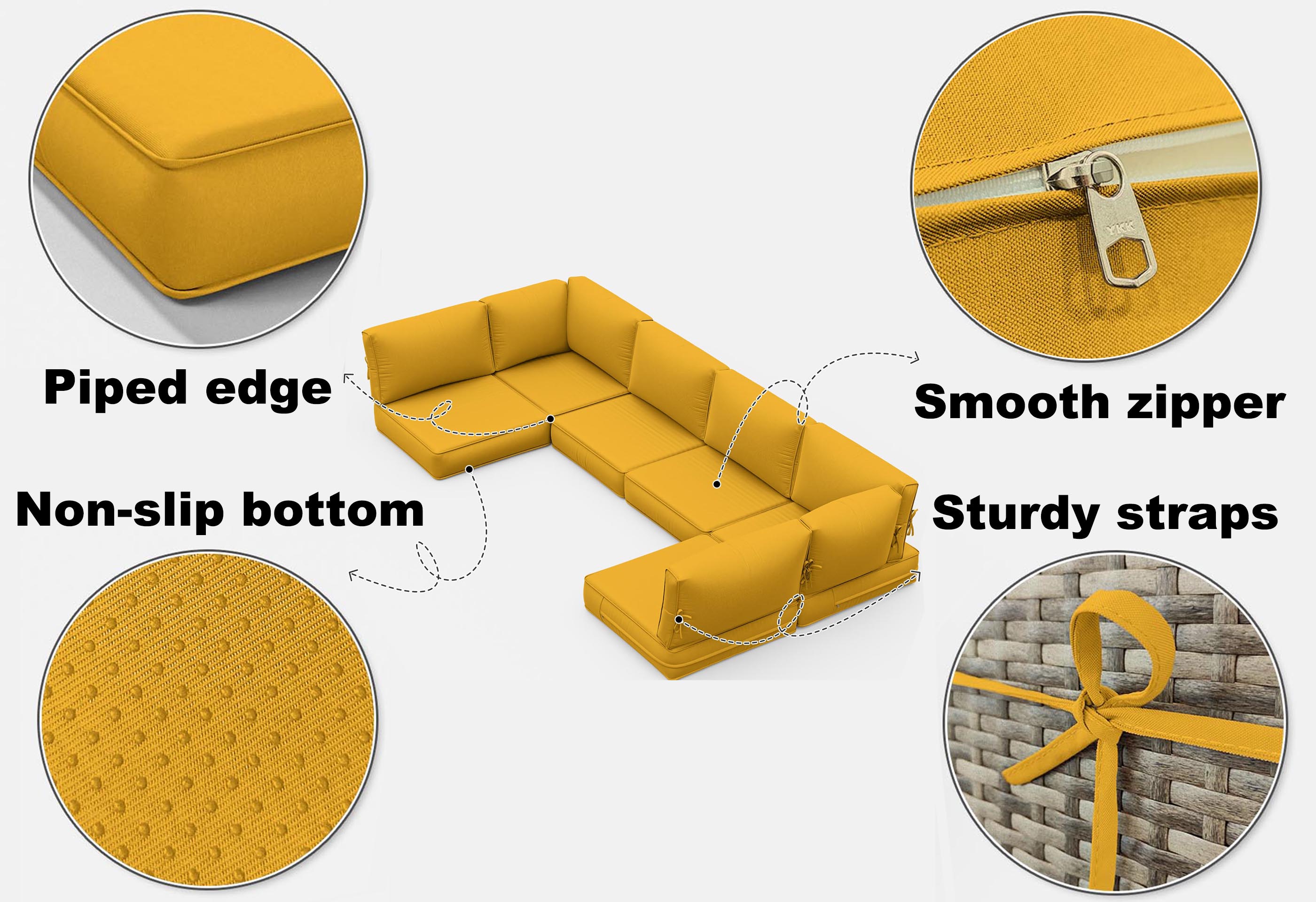 features of outdoor sofa replacement cushion set, nonslip dots, smooth ykk zipper, back corner tie straps and piped edges