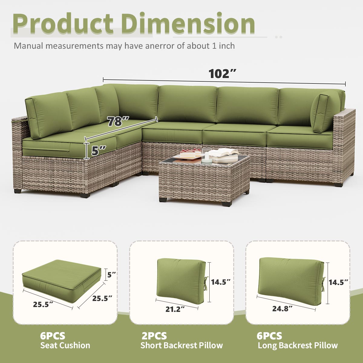Green outdoor sectional sofa with measurements