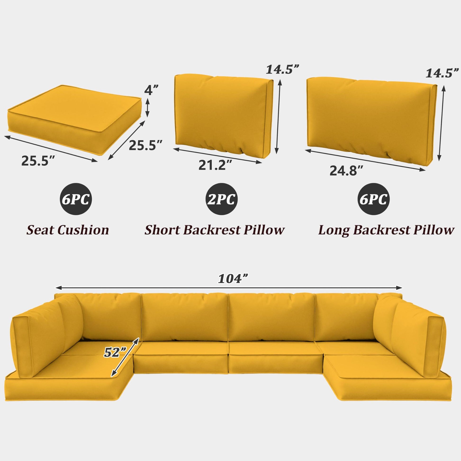 Yellow sectional sofa replacement cushions with component parts and measurements