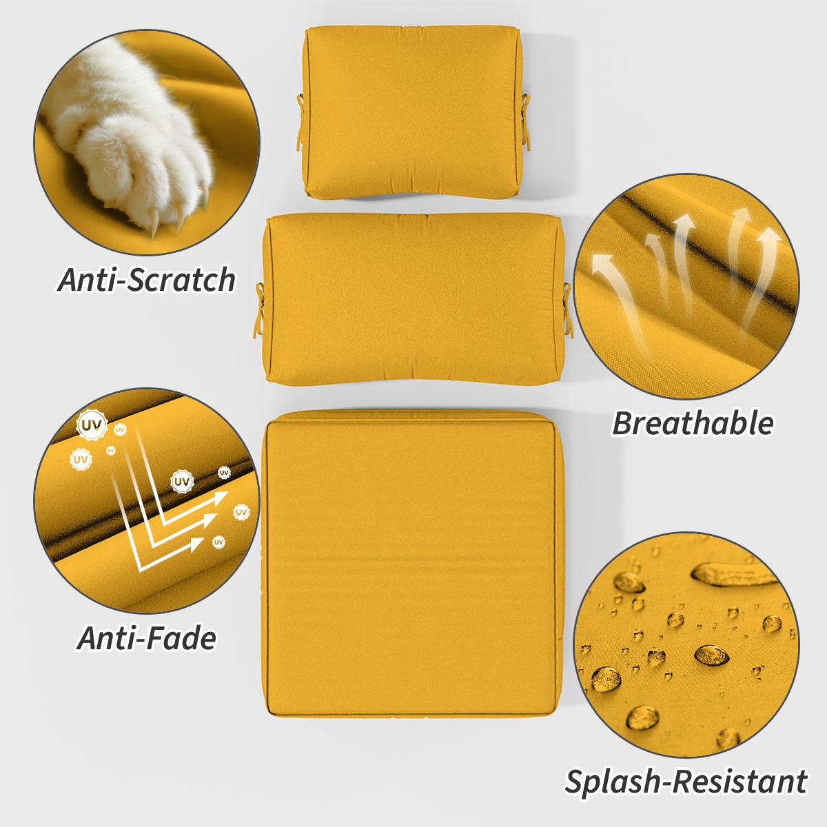 Yellow outdoor cushion fabric with features highlighted