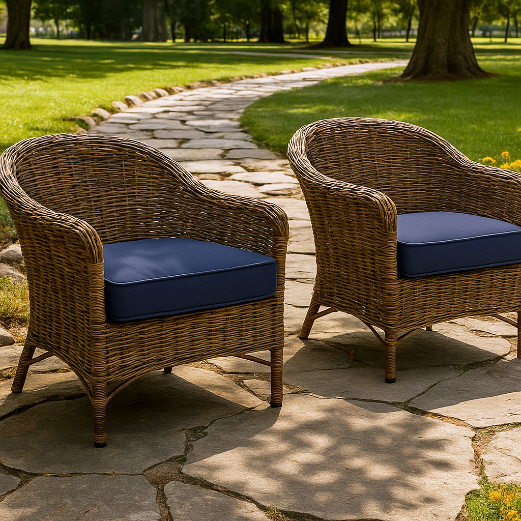 Two wicker outdoor chairs with navy blue seat cushions on a stone patio path in a green park