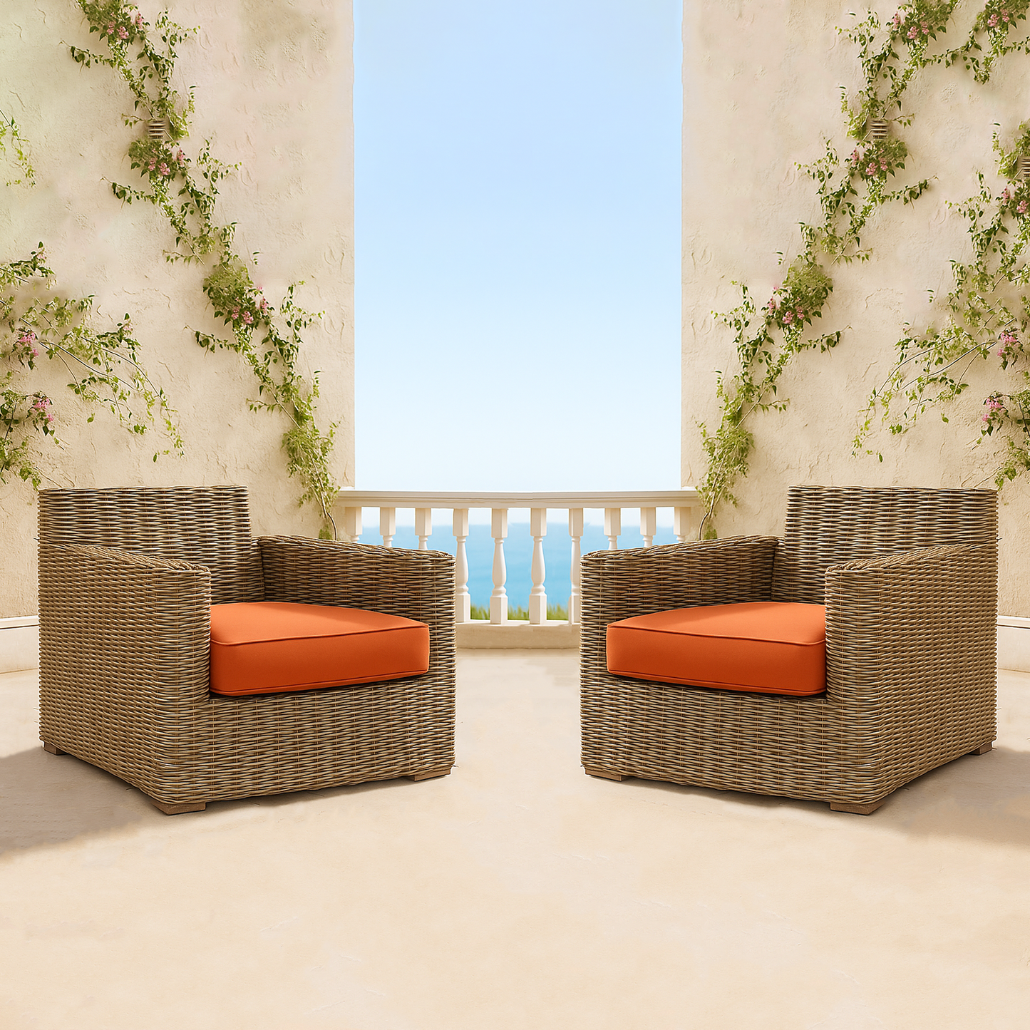 Two wicker outdoor armchairs with orange seat cushions on terrace with ocean view and climbing vines