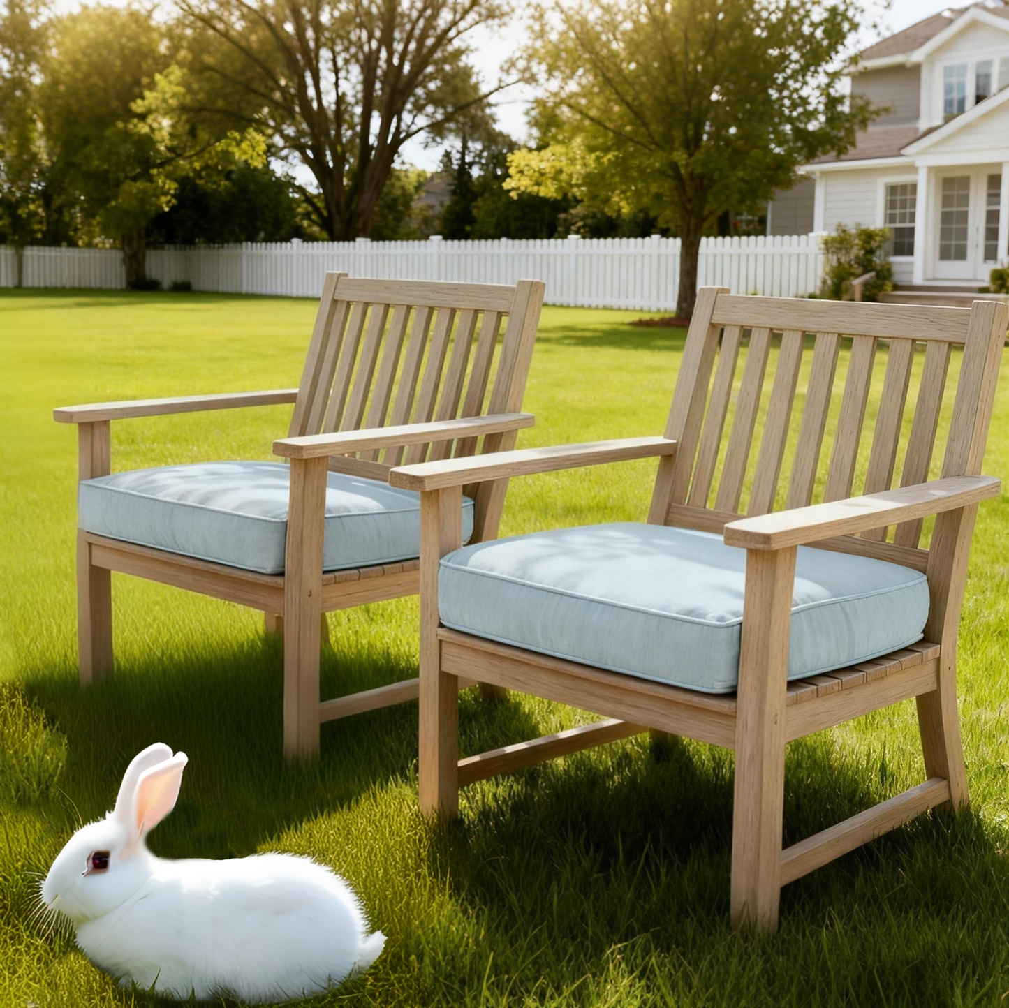 Two wooden outdoor chairs with sky blue cushions on green lawn with white rabbit near house