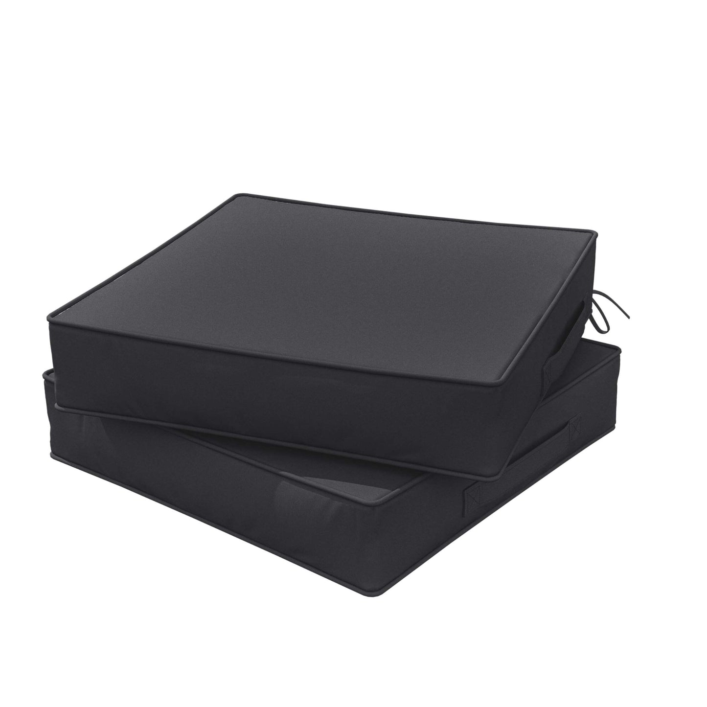 Stack of two black outdoor chair cushions with ties and handles on white background