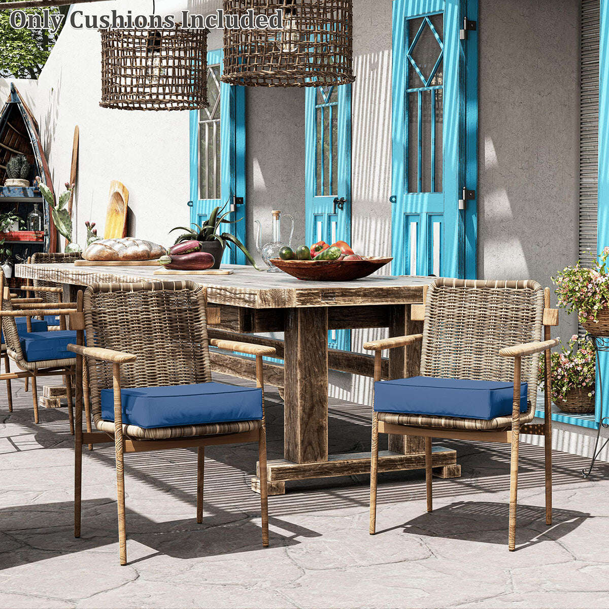 Outdoor dining set with wooden table and chairs on a patio, featuring blue cushions.