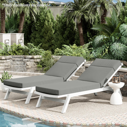 Two gray cushioned lounge chairs on a patio by a pool with palm trees in the background.