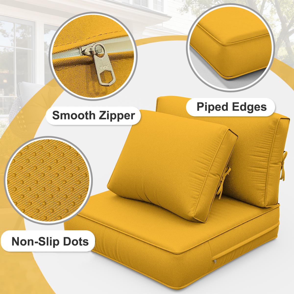Yellow outdoor cushions with close-ups of a smooth zipper, piped edges, and non-slip dots.