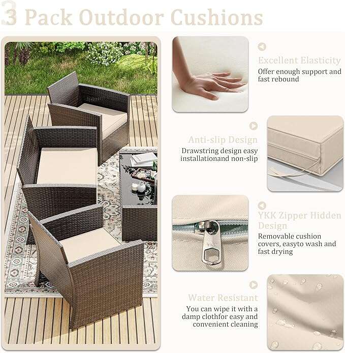 3PCS Patio Chair Seat Cushions Snubbull