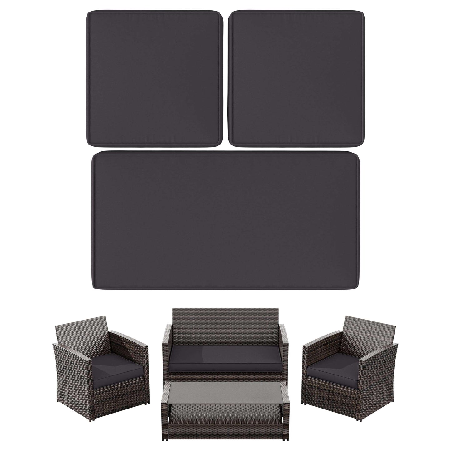 Dark gray cushions for wicker patio furniture including loveseat and two chairs