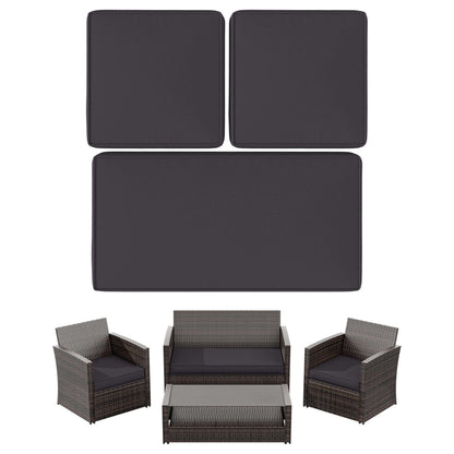 Dark gray cushions for wicker patio furniture including loveseat and two chairs