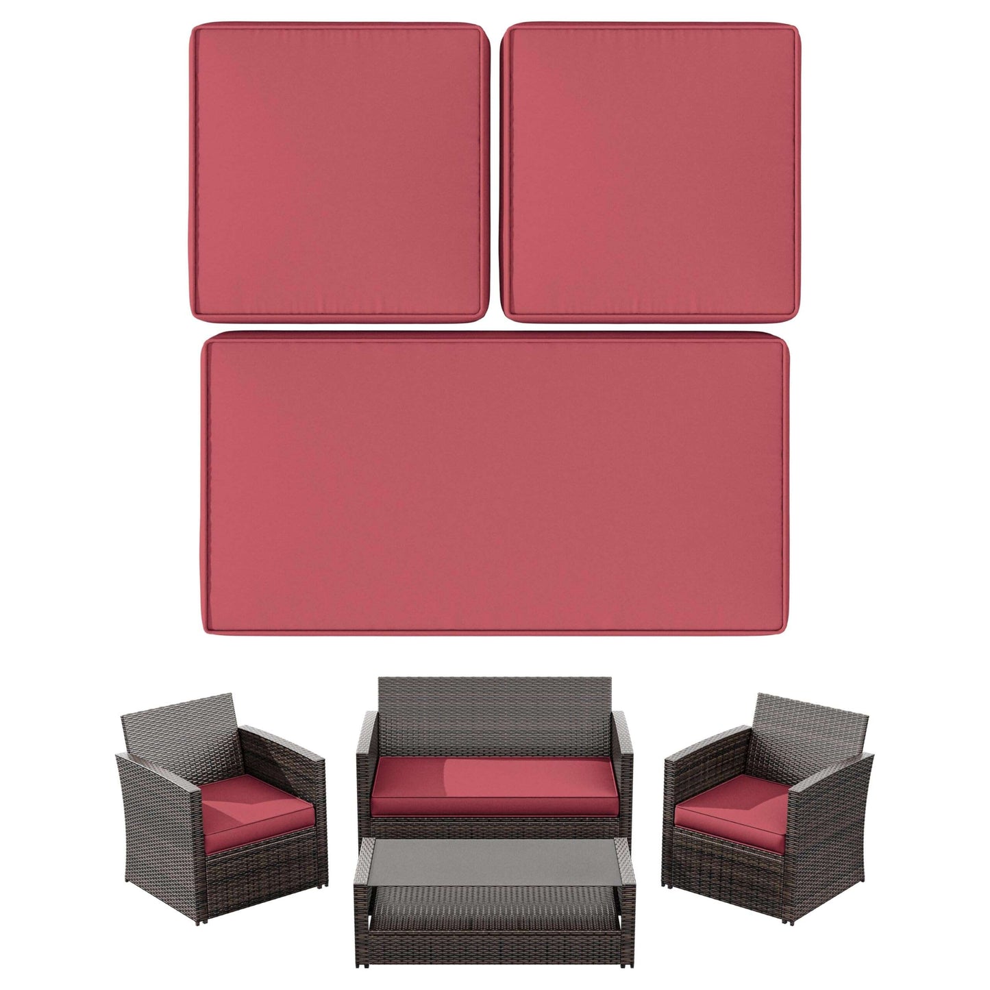 Modern outdoor wicker patio furniture set with red cushions, including sofa, two armchairs, and glass-top coffee table