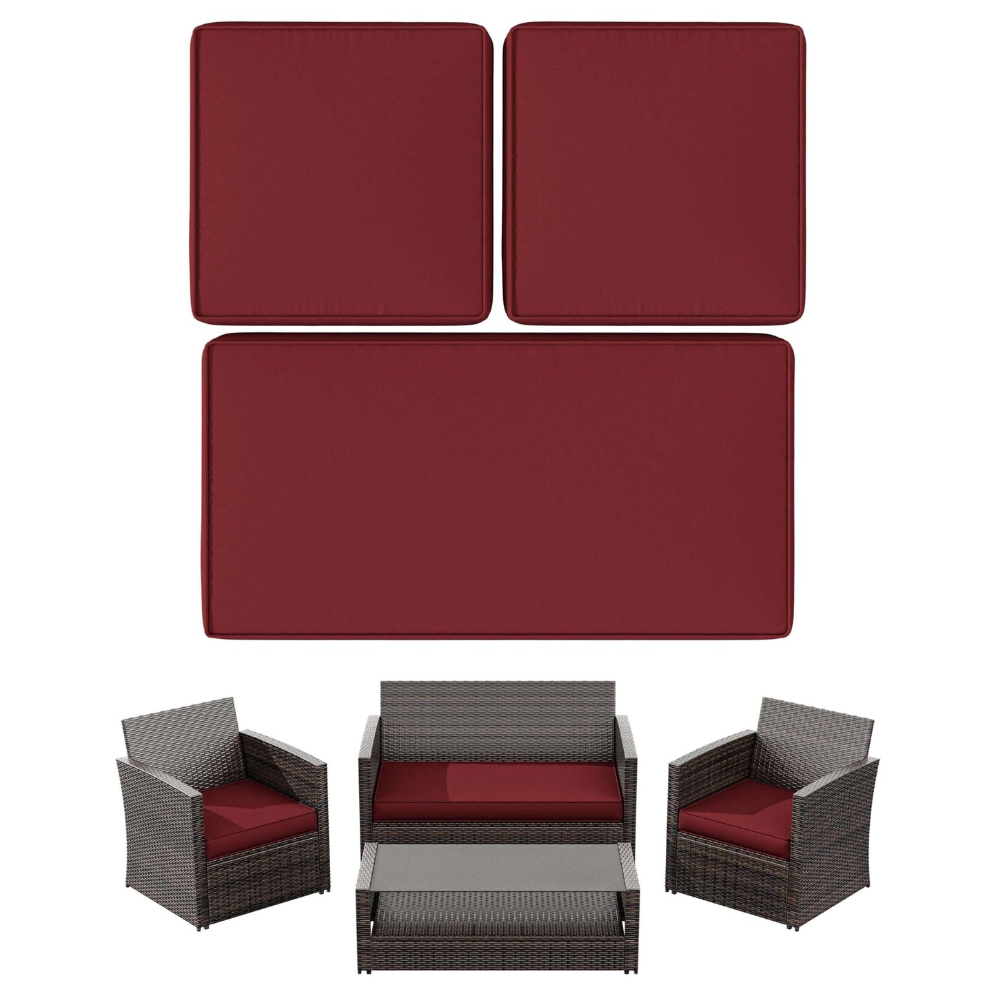 Outdoor wicker patio furniture set with red cushions, including sofa, two armchairs, and coffee table