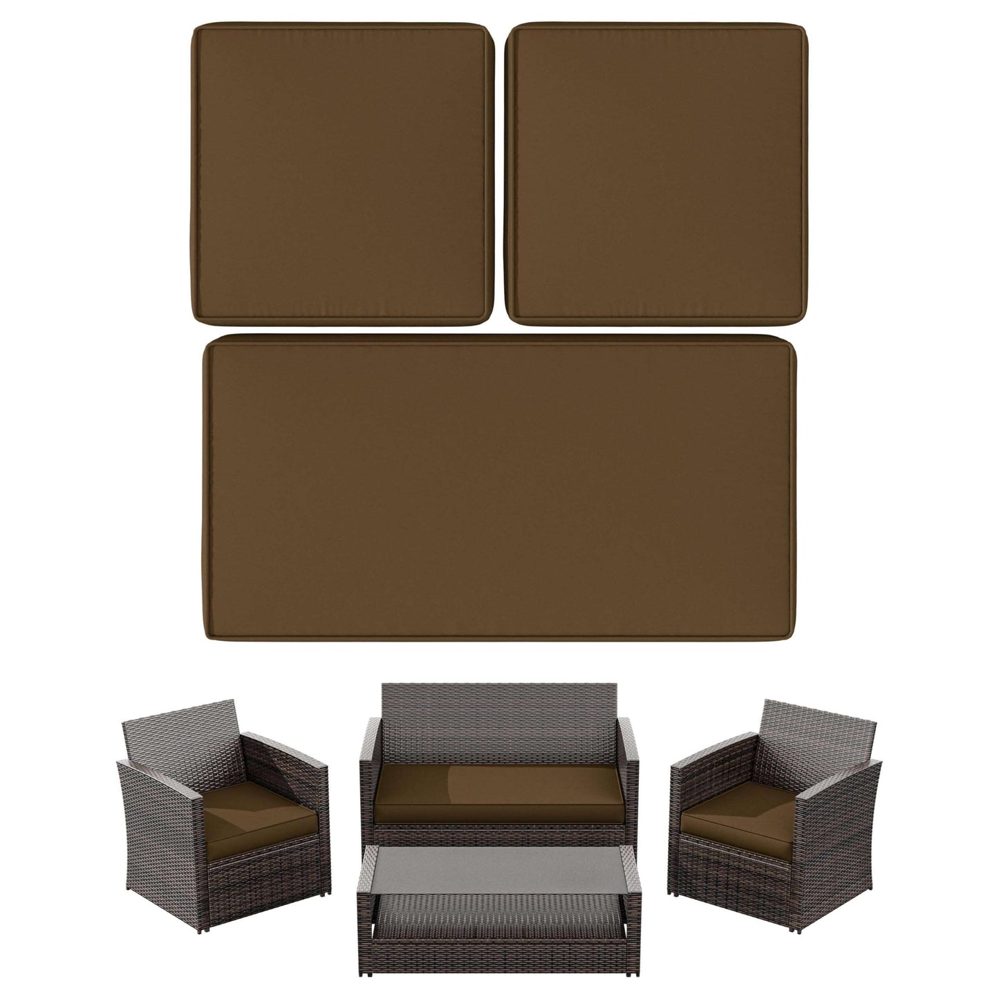 Brown outdoor cushions set for wicker patio furniture including sofa and two chairs