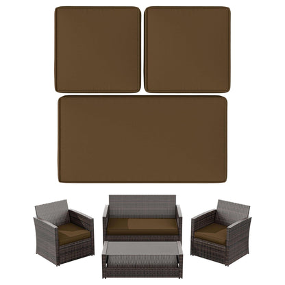 Brown outdoor cushions set for wicker patio furniture including sofa and two chairs