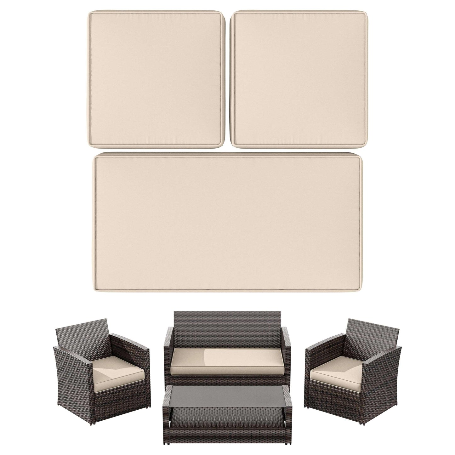 Dark brown wicker outdoor patio furniture set with beige cushions and glass-top coffee table