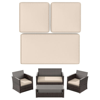 Dark brown wicker outdoor patio furniture set with beige cushions and glass-top coffee table