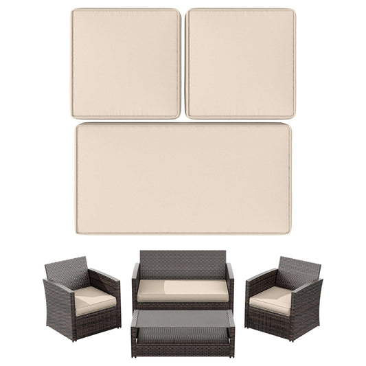 Dark brown wicker outdoor patio furniture set with beige cushions and glass-top coffee table