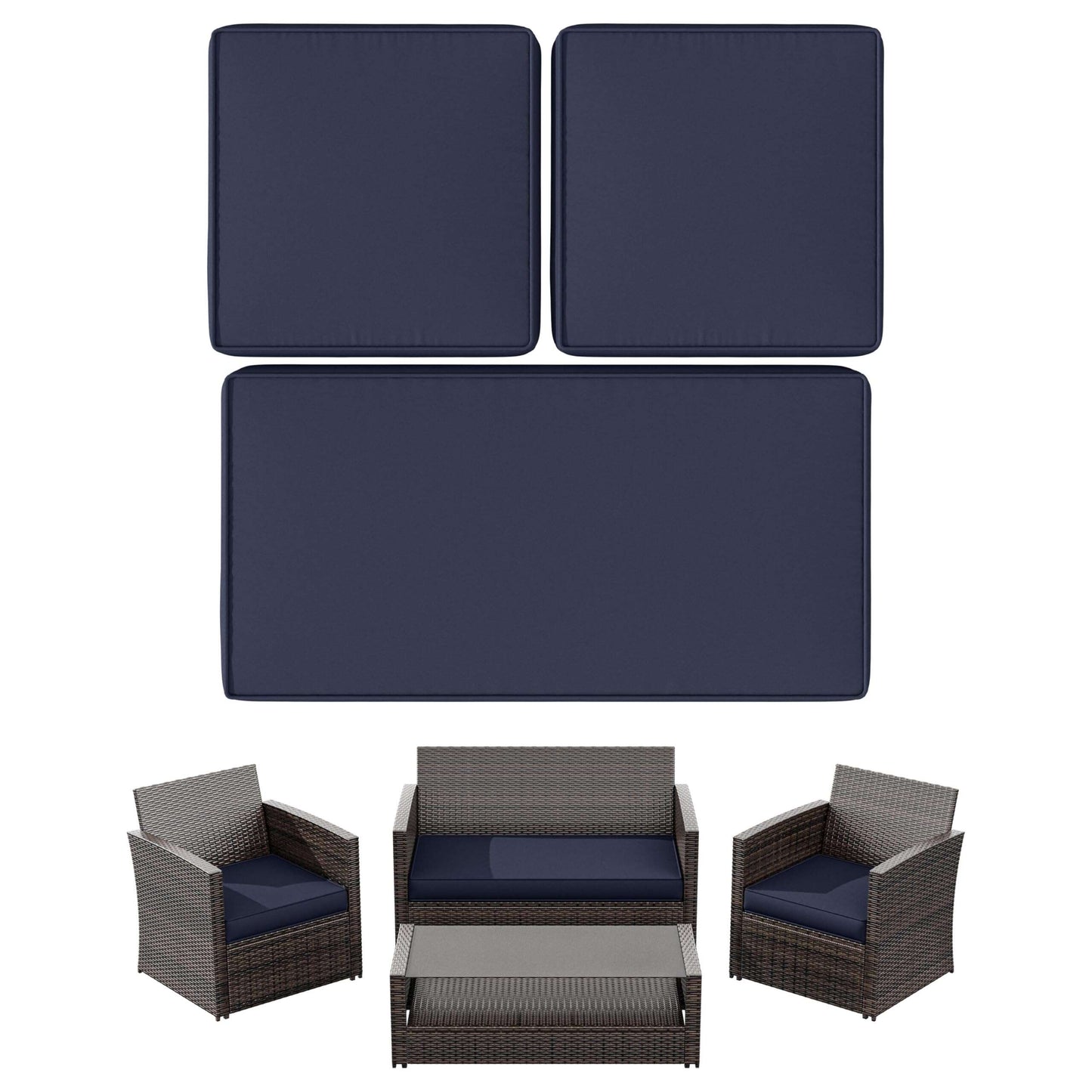 Outdoor patio furniture set with wicker armchairs, loveseat, coffee table, and navy cushions