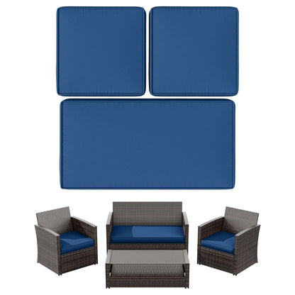 Outdoor patio furniture set with dark wicker chairs, loveseat, coffee table and blue cushions