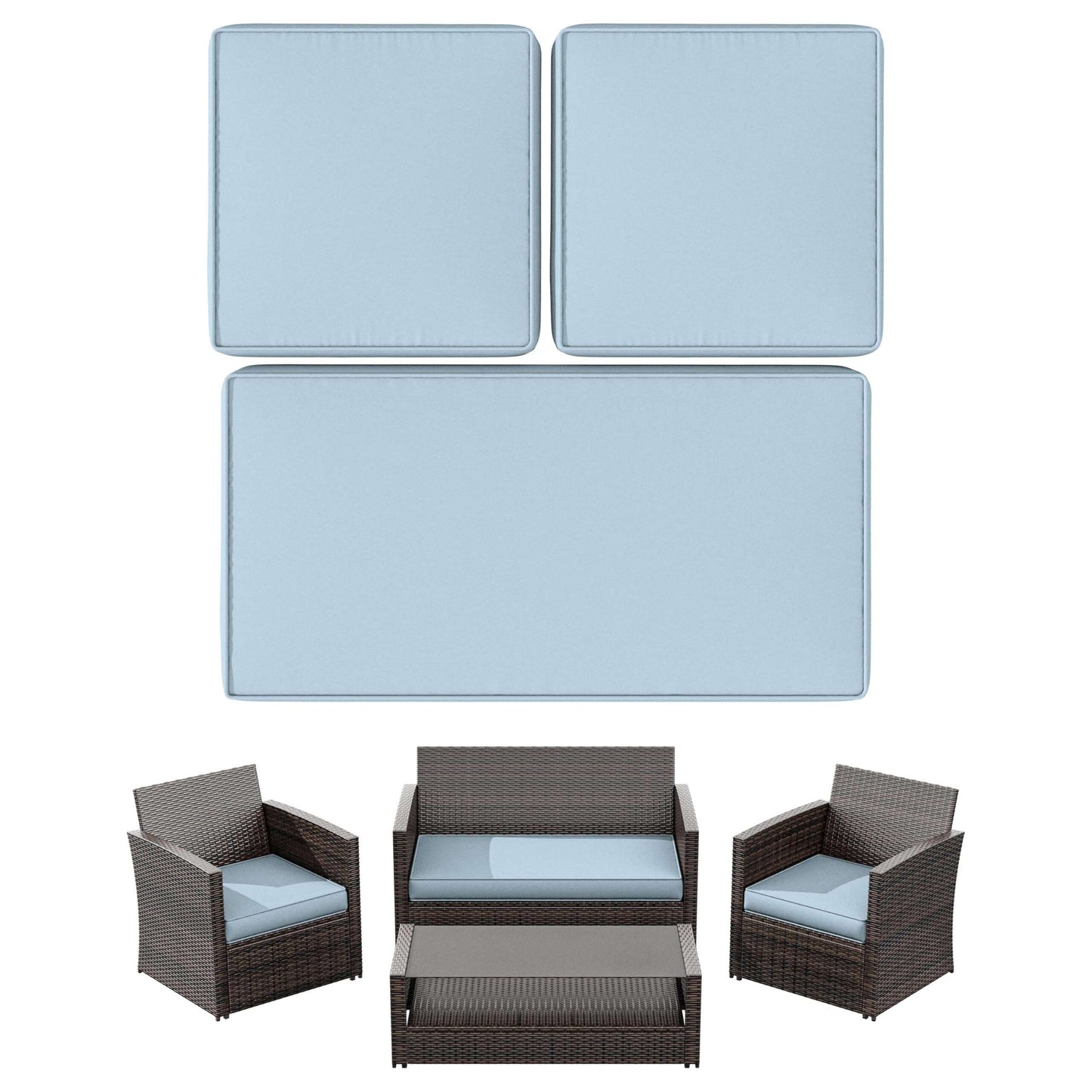 Modern brown wicker outdoor patio furniture set with light blue cushions, including sofa, two armchairs, coffee table