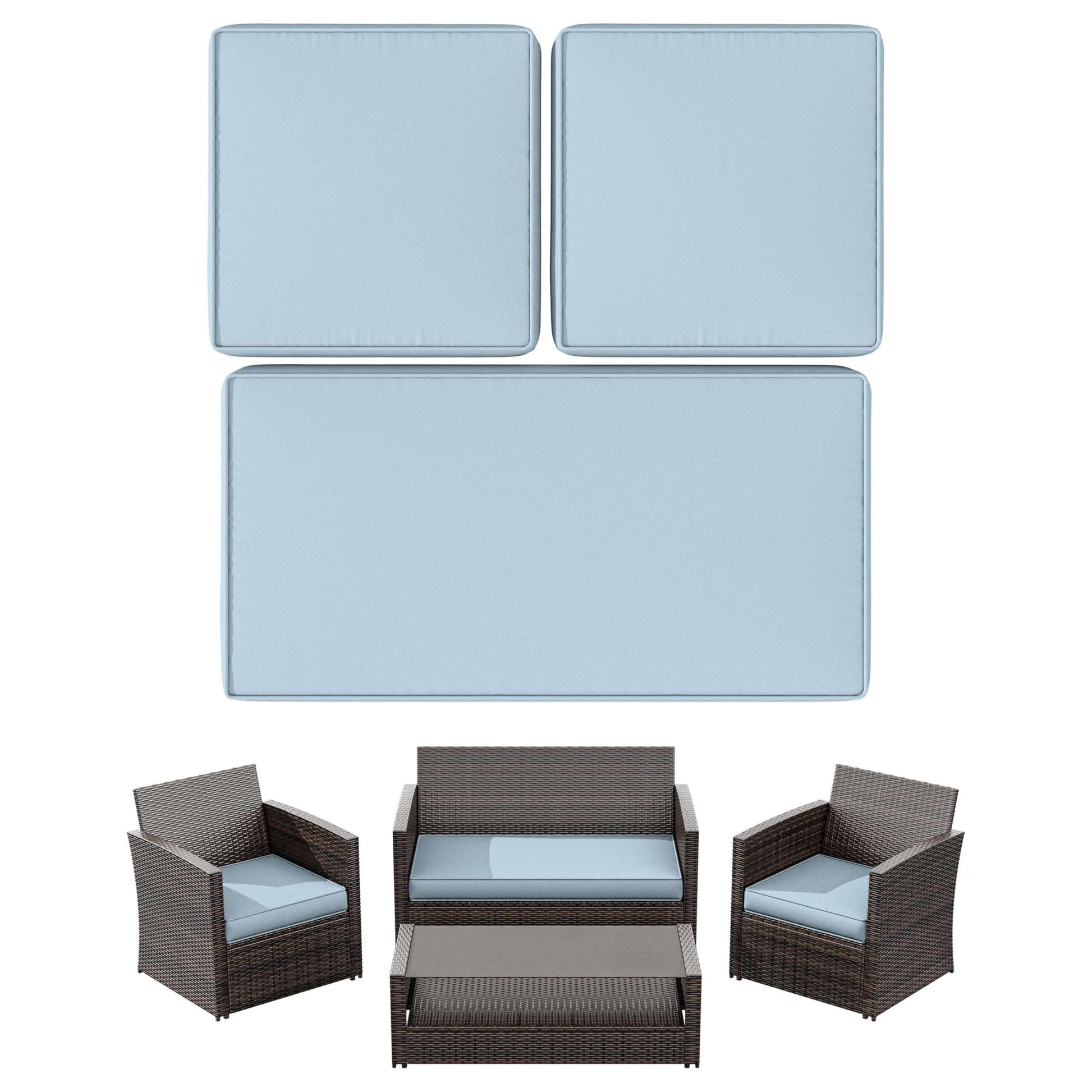 Modern brown wicker outdoor patio furniture set with light blue cushions, including sofa, two armchairs, coffee table