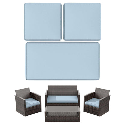 Modern brown wicker outdoor patio furniture set with light blue cushions, including sofa, two armchairs, coffee table