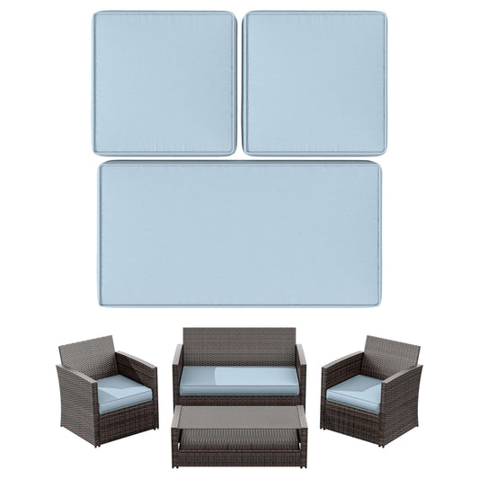 Modern brown wicker outdoor patio furniture set with light blue cushions, including sofa, two armchairs, coffee table