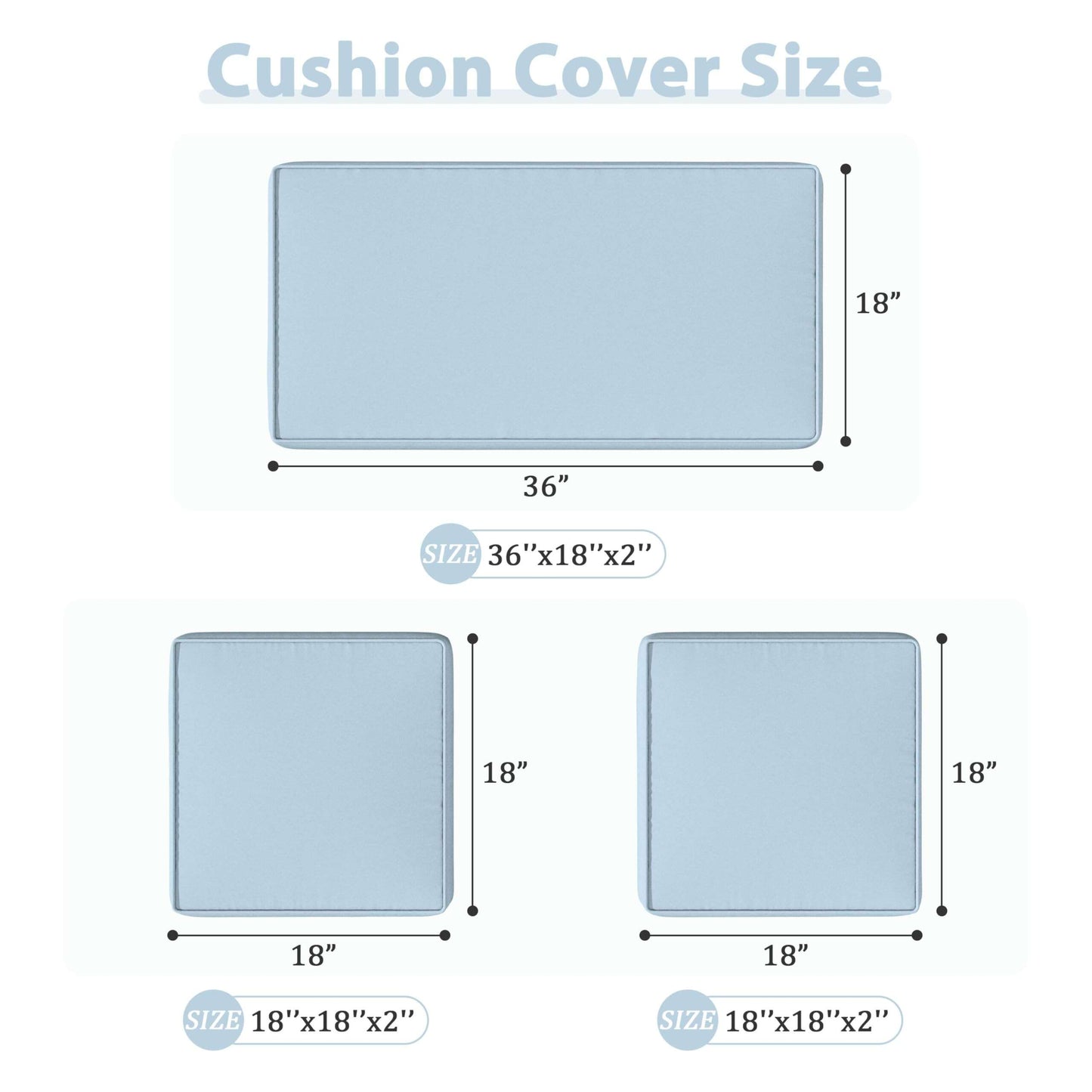 Light blue cushion covers with dimensions 36x18x2 inches and two 18x18x2 inch square covers