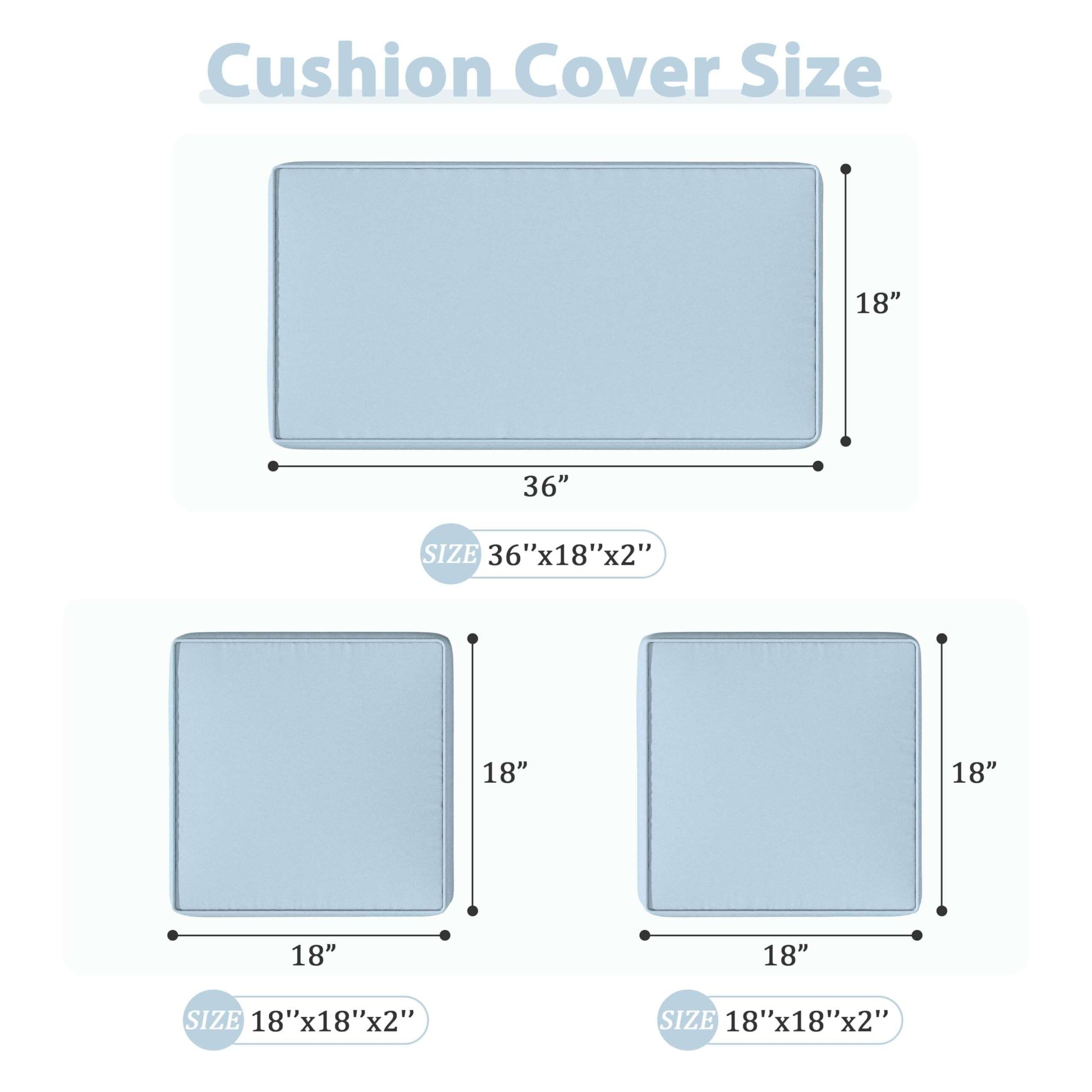 Light blue cushion covers with dimensions 36x18x2 inches and two 18x18x2 inch square covers