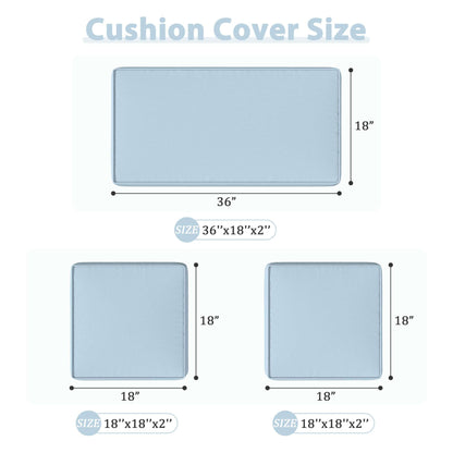 Light blue cushion covers with dimensions 36x18x2 inches and two 18x18x2 inch square covers