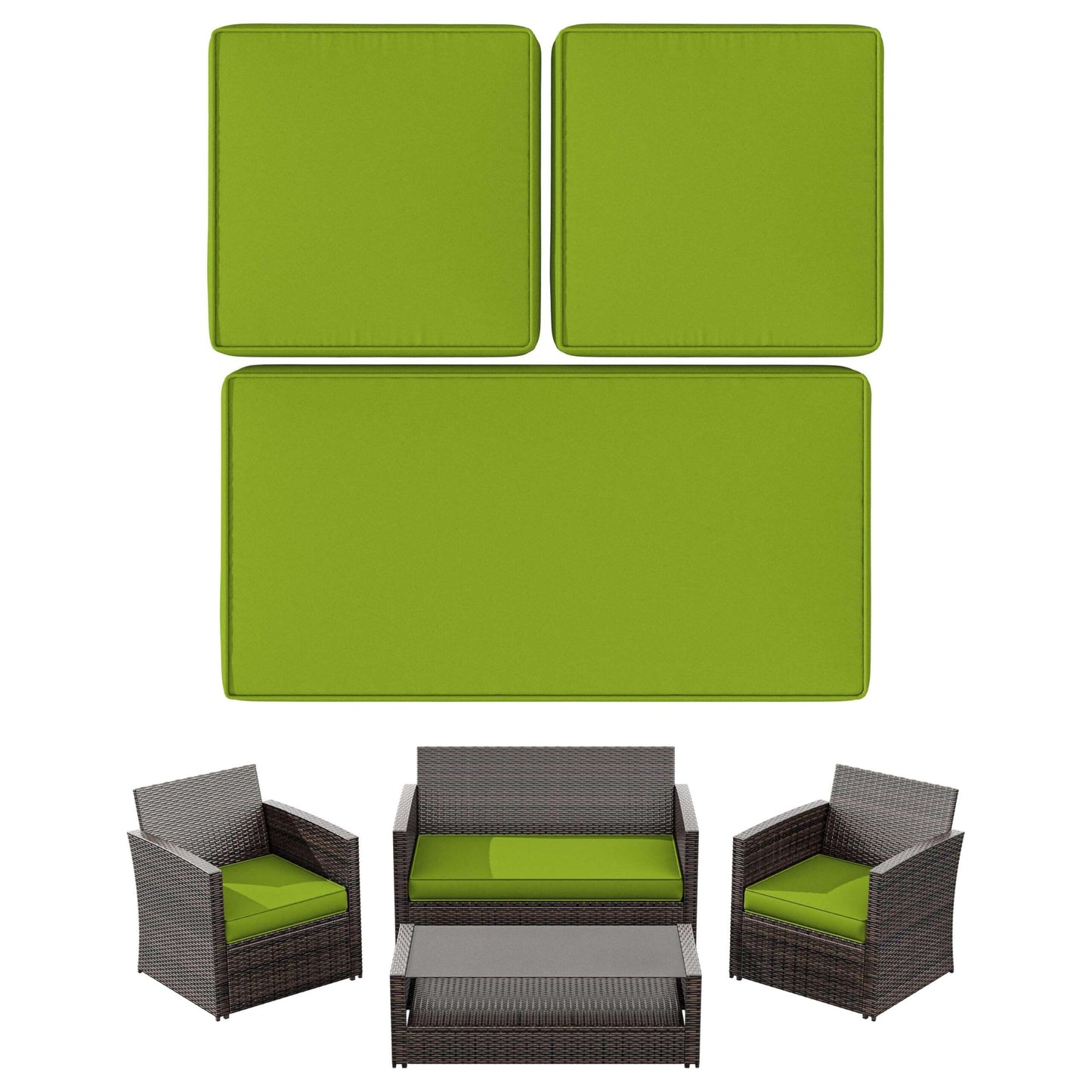 7-piece brown wicker patio furniture set with green cushions and glass coffee table