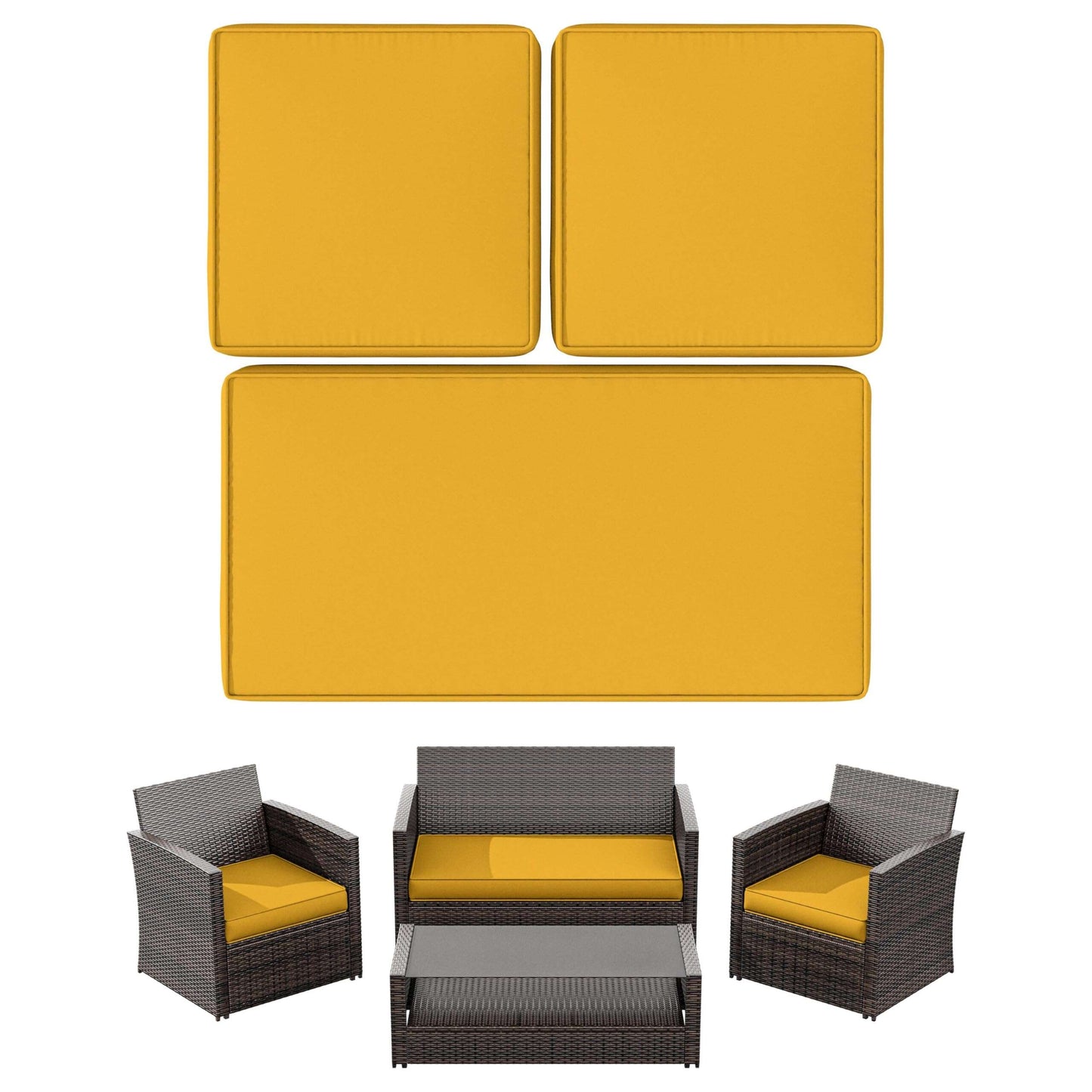 Outdoor rattan patio furniture set with mustard yellow cushions and a glass top coffee table