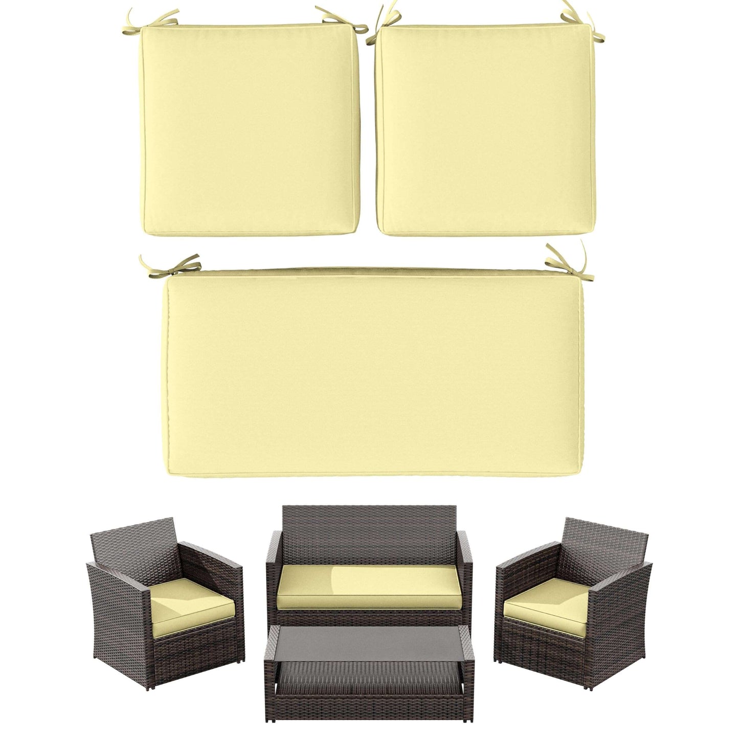 Light yellow seat cushions for loveseat and chairs with brown wicker outdoor furniture set
