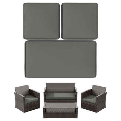 Outdoor wicker patio furniture set with two armchairs, loveseat, coffee table, and gray cushions