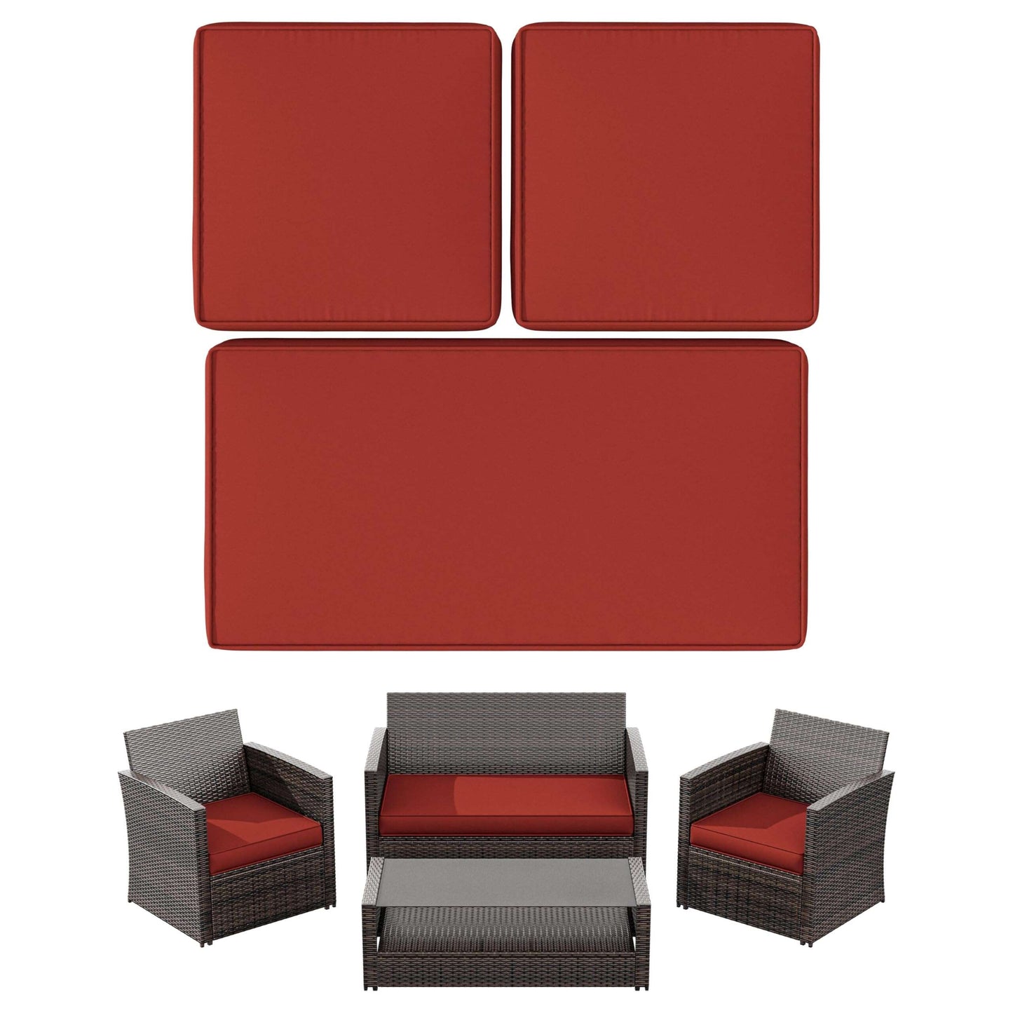 Outdoor patio furniture set with dark wicker frame and deep red cushions including sofa, two armchairs, and coffee table