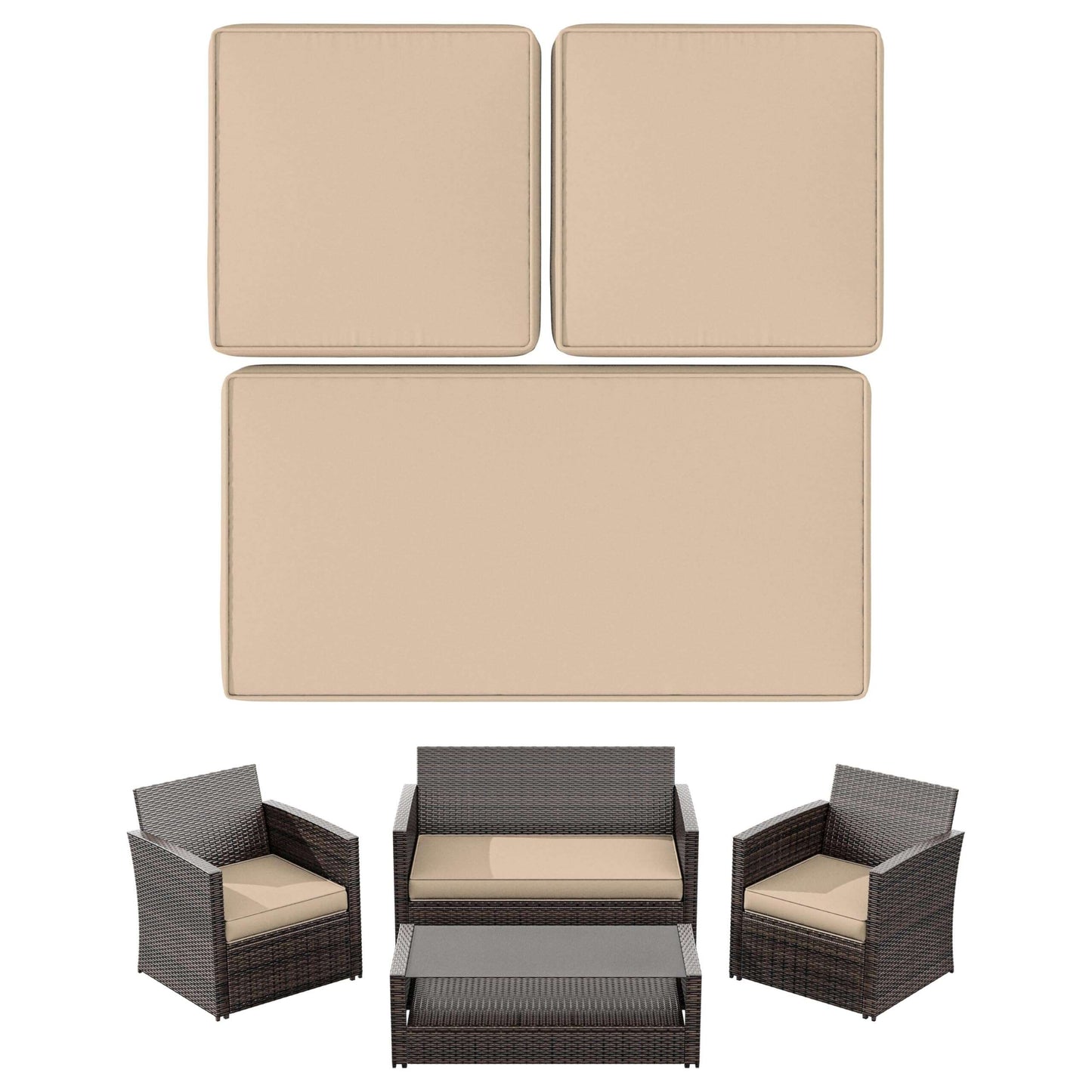 Dark brown rattan patio furniture set with beige cushions and glass coffee table