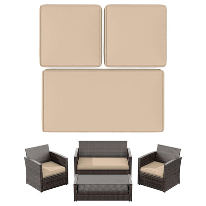 Dark brown rattan patio furniture set with beige cushions and glass coffee table