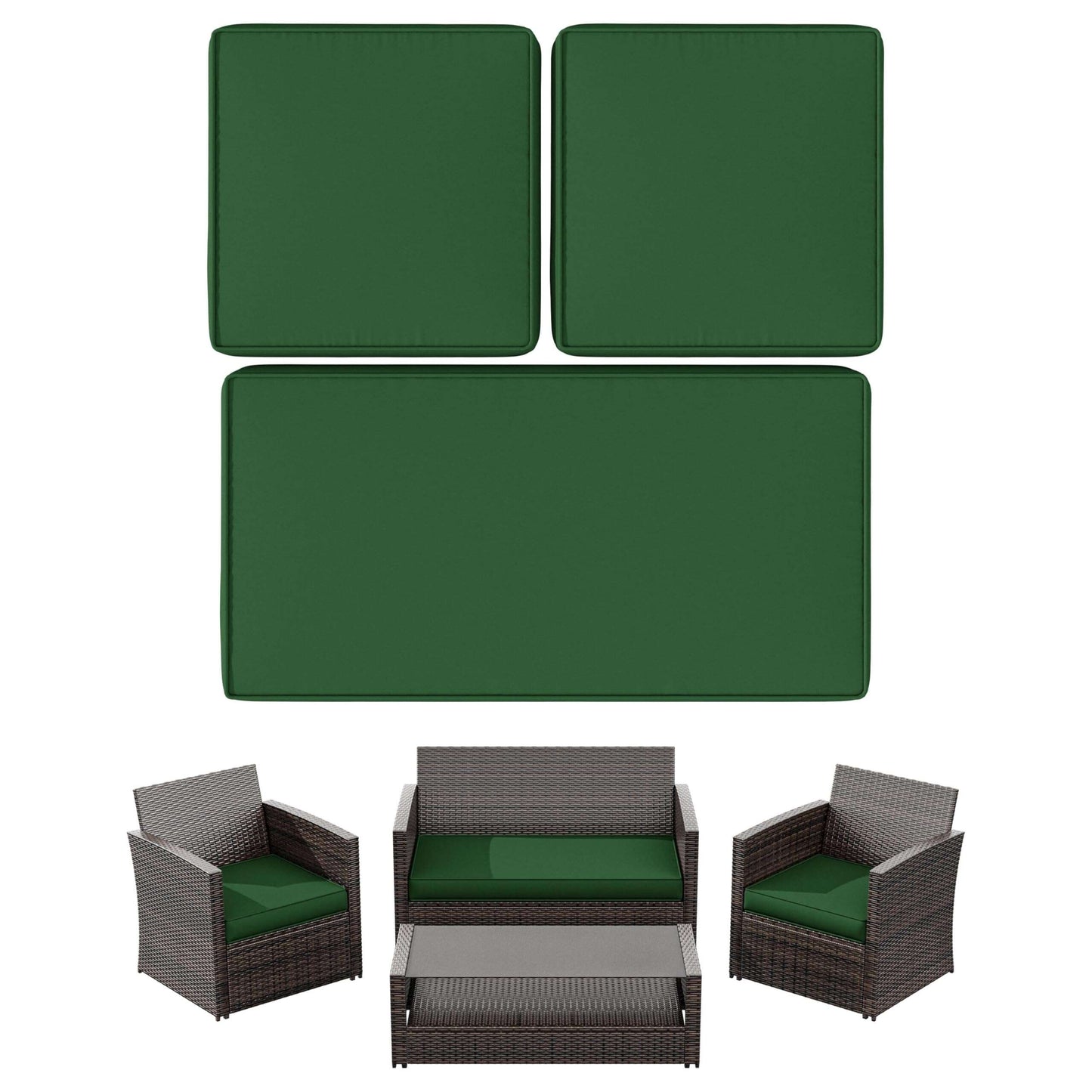 Outdoor patio furniture set with dark brown wicker and green cushions including loveseat, two armchairs, and coffee table