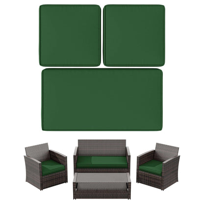 Outdoor patio furniture set with dark brown wicker and green cushions including loveseat, two armchairs, and coffee table