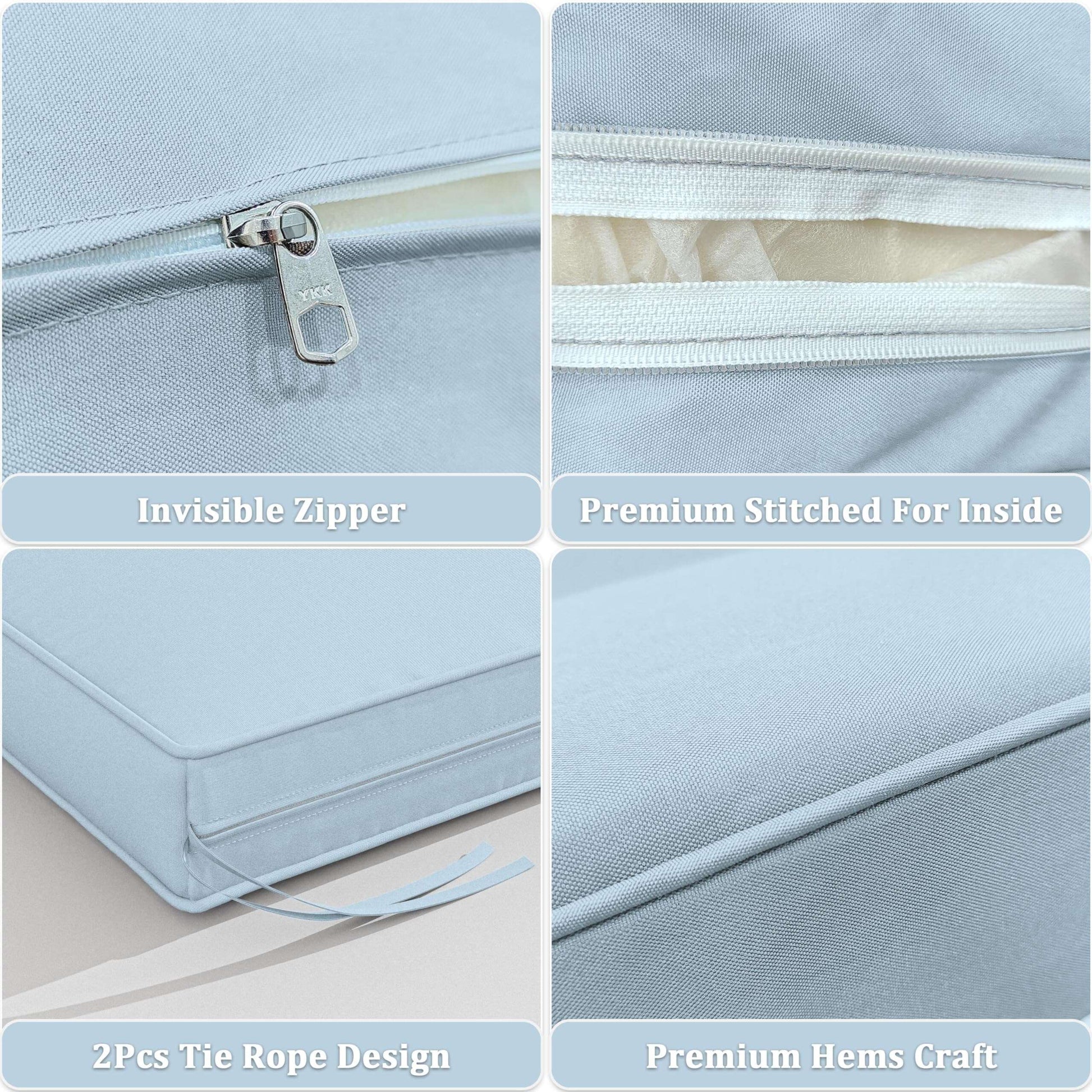 Light blue cushion cover with invisible zipper, premium stitching, tie rope design, and hems craft