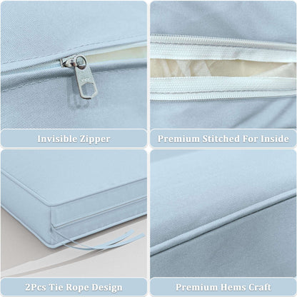 Light blue cushion cover with invisible zipper, premium stitching, tie rope design, and hems craft