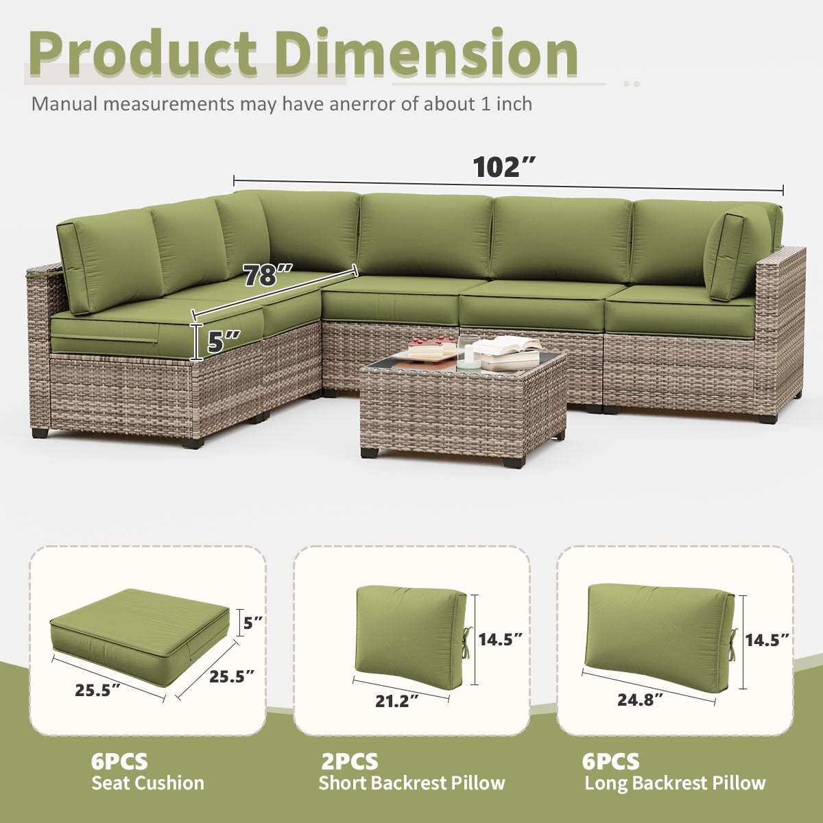 Green outdoor sectional sofa with measurements