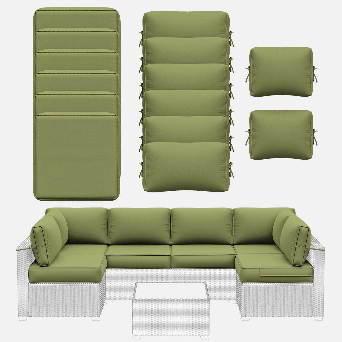 Green outdoor furniture set including a sectional sofa and cushions