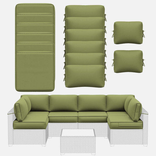 Green outdoor furniture set including a sectional sofa and cushions