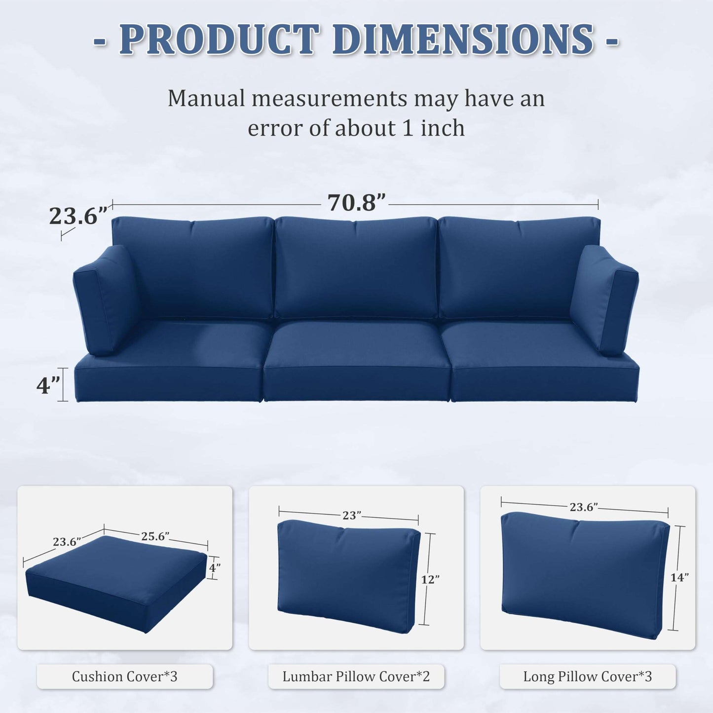 Blue sofa cushion slipcover set with dimensions, including cushion, lumbar, and long pillow covers