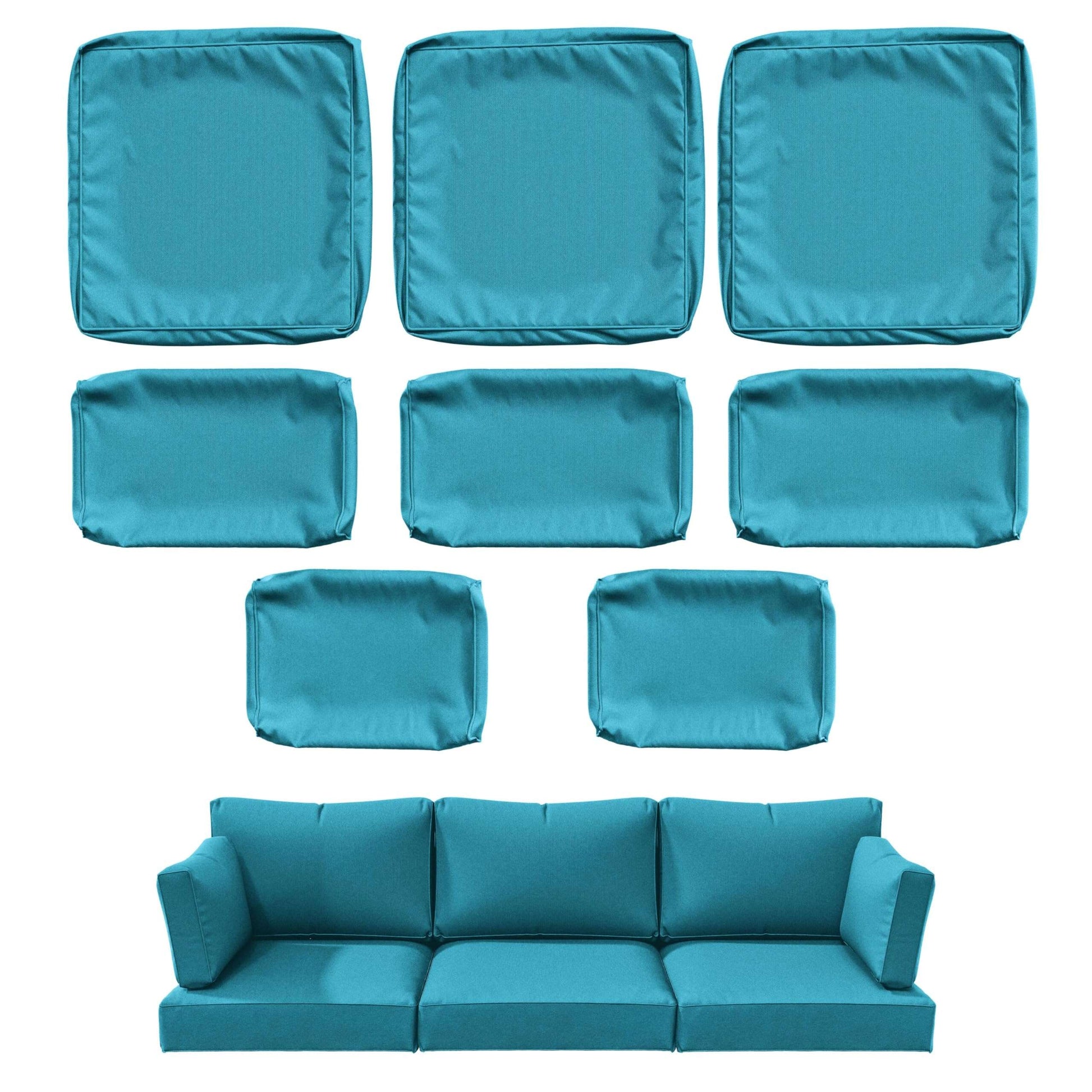 Set of nine turquoise blue sofa cushion covers displayed above matching three-seater sofa upholstery